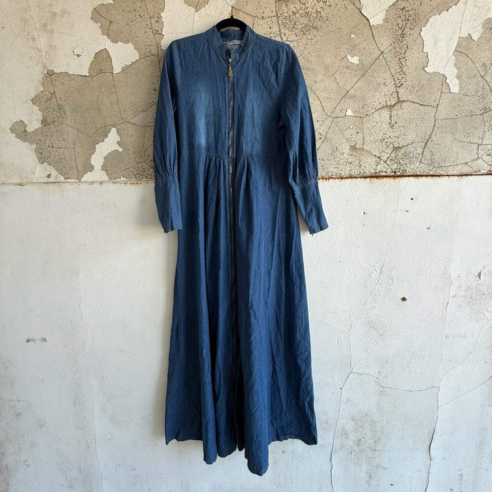 Vintage‎ Denim Zip Front Maxi Dress Fit and Flare Very Long Sleeved Bagiza